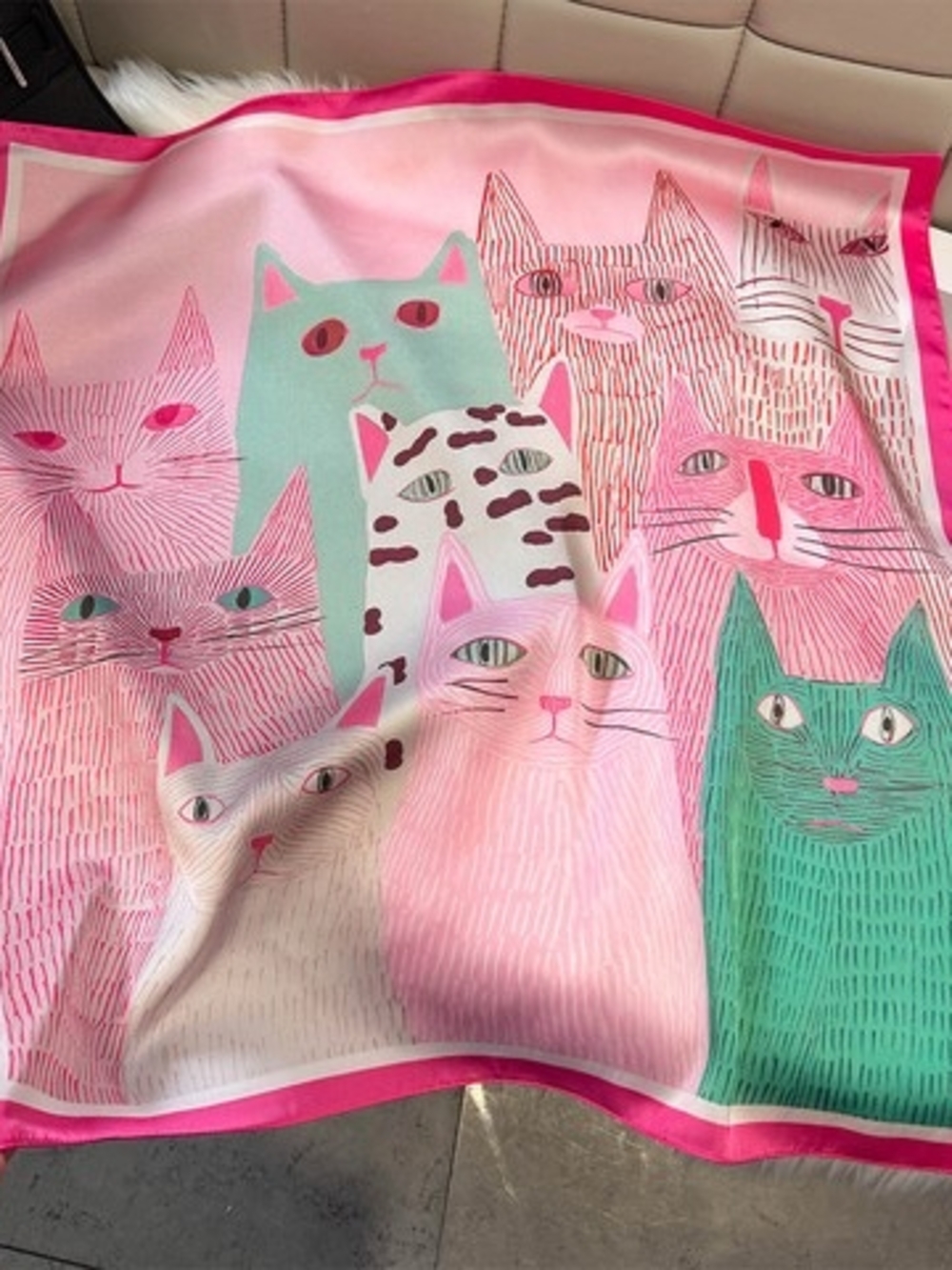 Silk-feel  Pink Cat Print  Scarf Head, Neck 70*70cm
